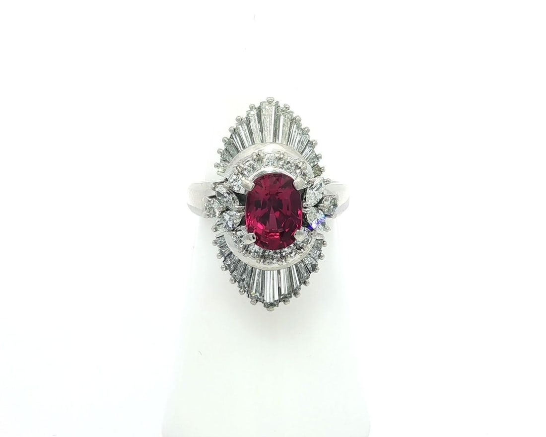 Stunning GIA Certified 3.20ct Ruby Diamond Platinum Ballerina Ring: Stunning GIA Certified 3.20ct Ruby Diamond Platinum Ballerina Ring This exquisite long ballerina dinner ring showcases a stunning natural ruby and diamond arrangement. The centerpiece is a vivid red o