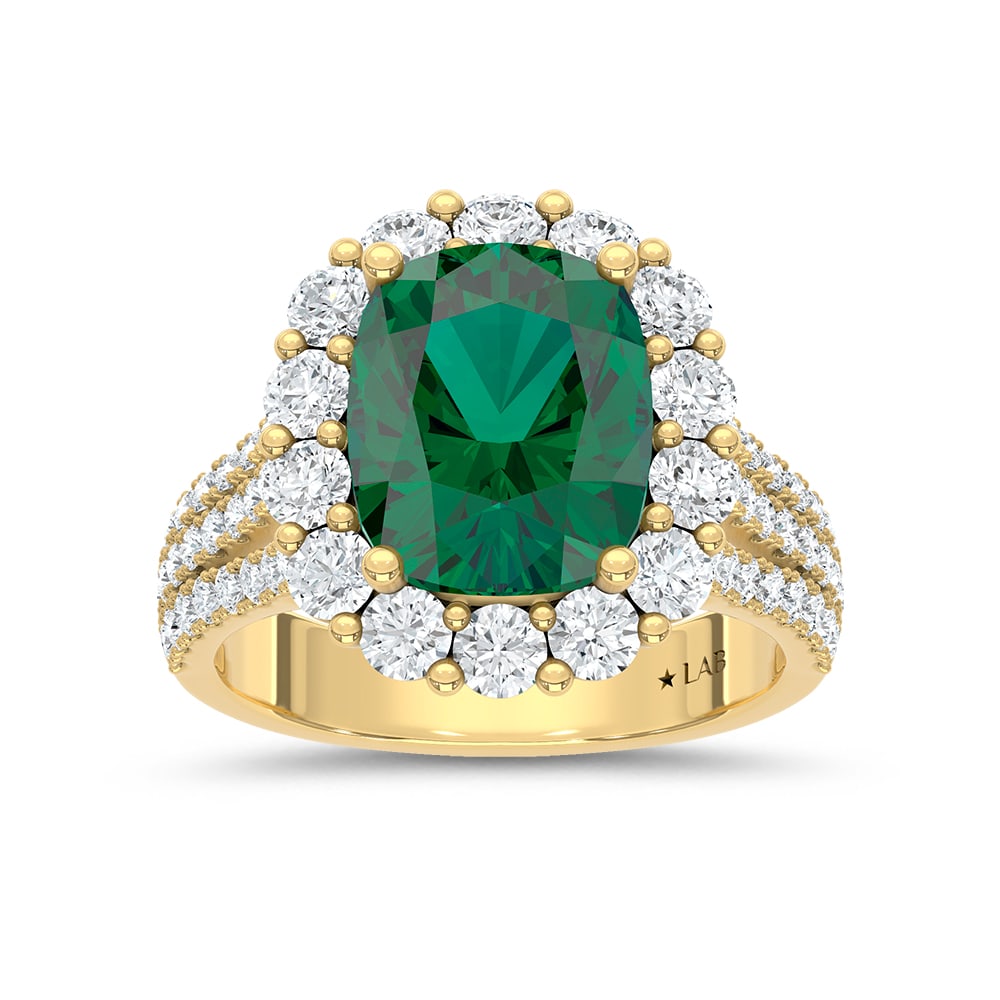 14K Yellow Gold Lab Grown Diamond 6 Ct.Tw. Cushion Shape Recrystalized Emerald Engagement Ring: 14K Yellow Gold Lab Grown Diamond 6 Ct.Tw. Cushion Shape Recrystalized Emerald Engagement Ring (Center 4 1/3 ct) Celebrate timeless elegance with this 14K yellow gold engagement ring. Its centerpiece 