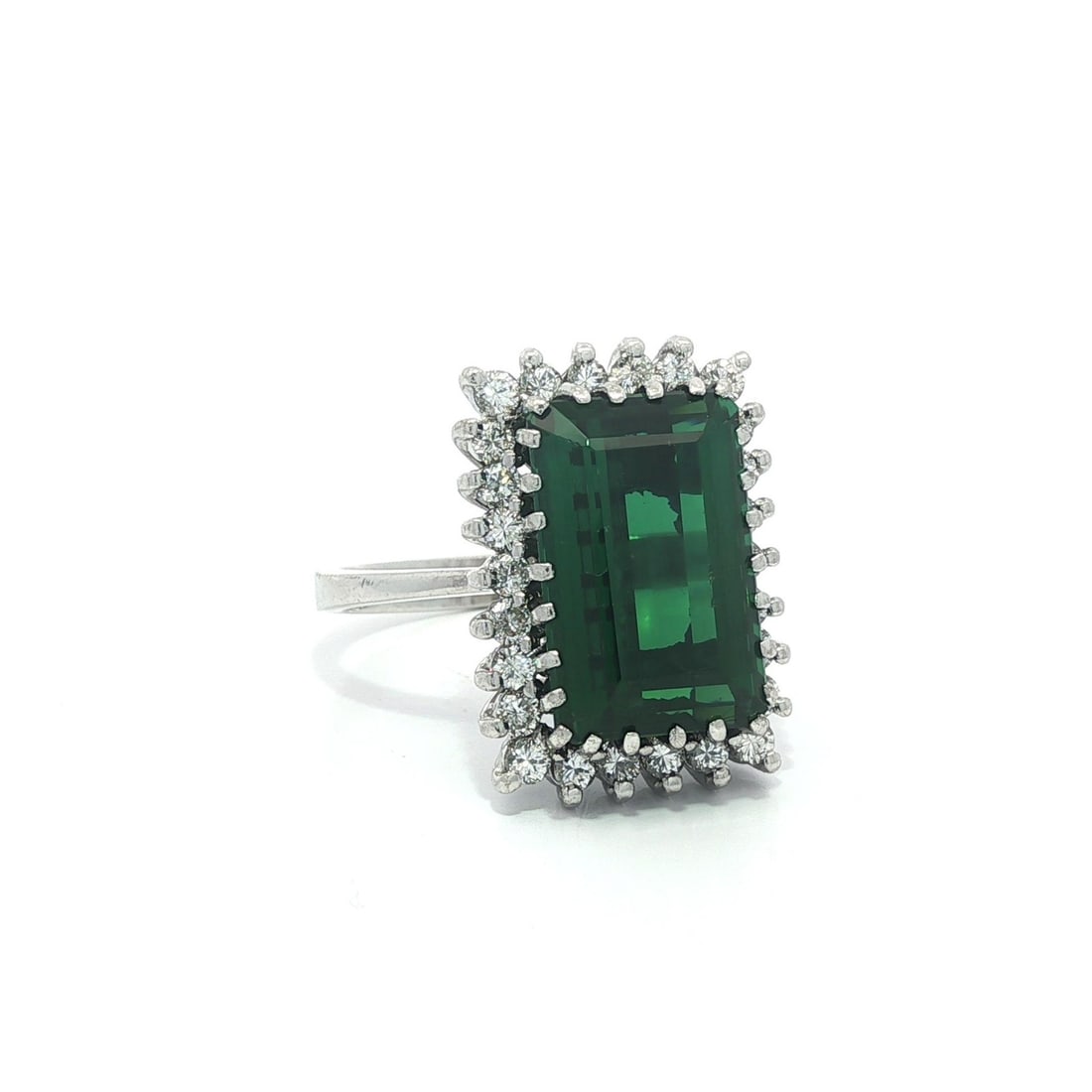 14k White Gold 7.15ct Green Tourmaline Diamond Halo Cocktail Ring