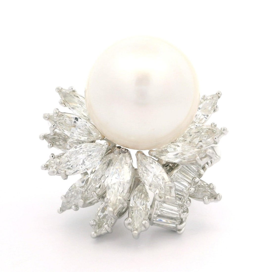 Vintage Mid Century Platinum GIA 16.09mm Pearl & 6ct Diamond Ring
