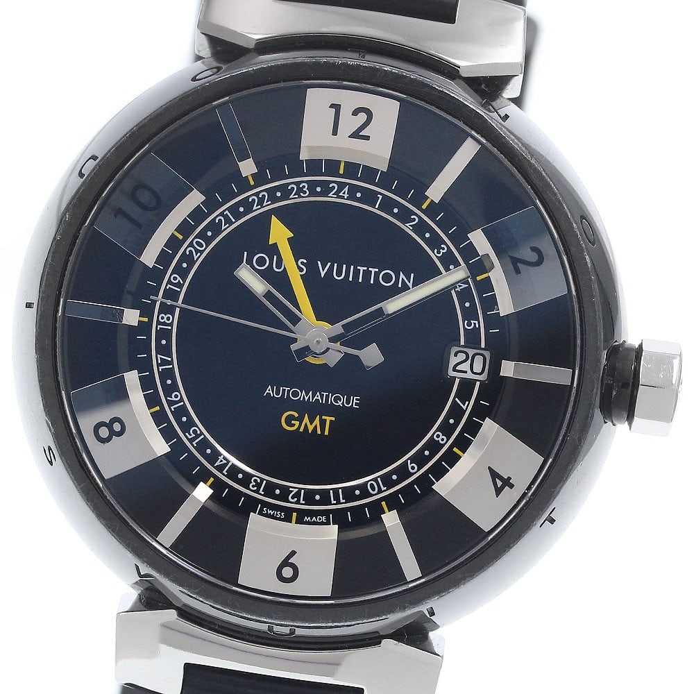 Louis Vuitton Tambour Black GMT Date Men's Wristwatch: Louis Vuitton Tambour Black GMT Date Men's Wristwatch This is a pre-owned Louis Vuitton Q113K Tambour wristwatch designed for men. The watch features a black dial with GMT and date functions and is cr