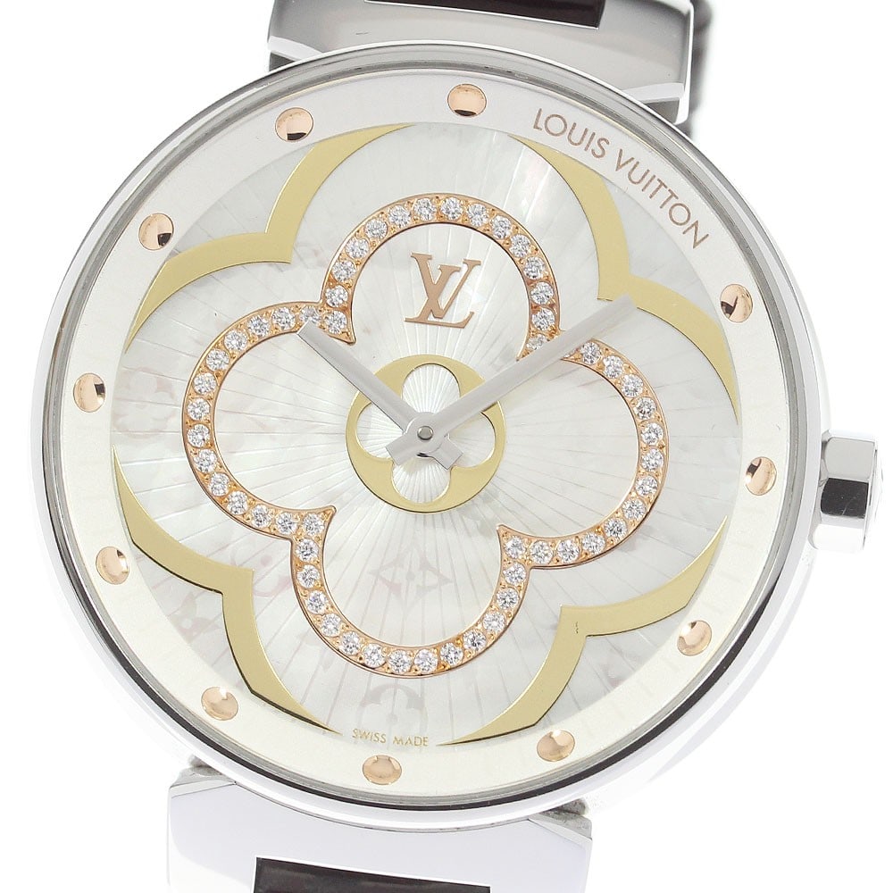Louis Vuitton Tambour Moon Divine QA019 Womens Quartz Wristwatch: Louis Vuitton Tambour Moon Divine QA019 Womens Quartz Wristwatch Louis Vuitton Tambour Moon Divine quartz women's wristwatch. The watch is pre-owned and made in Switzerland, with a women's department 