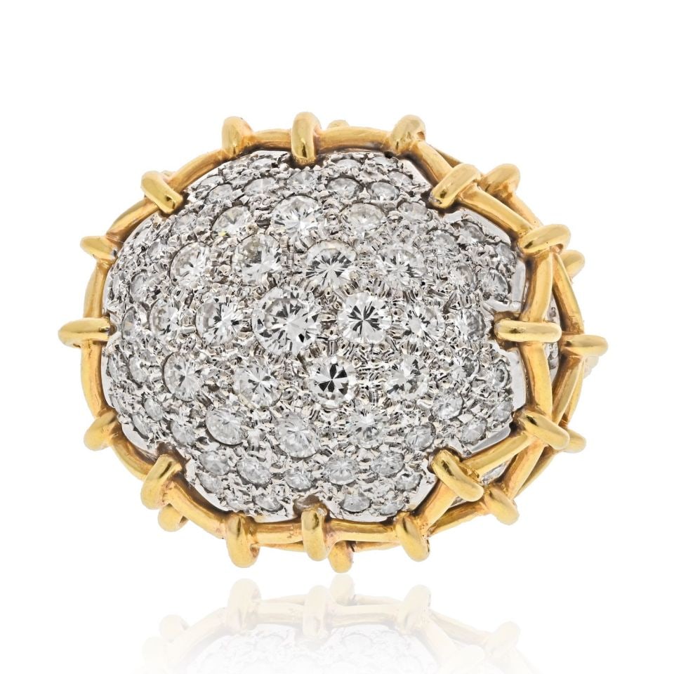 Geodesic Dome Diamond Ring in Platinum and 18K Gold by David Webb: Geodesic Dome Diamond Ring in Platinum and 18K Gold by David Webb This David Webb Geodesic Dome ring is crafted in platinum and 18K yellow gold, featuring a bold pave-set dome design that reflects the
