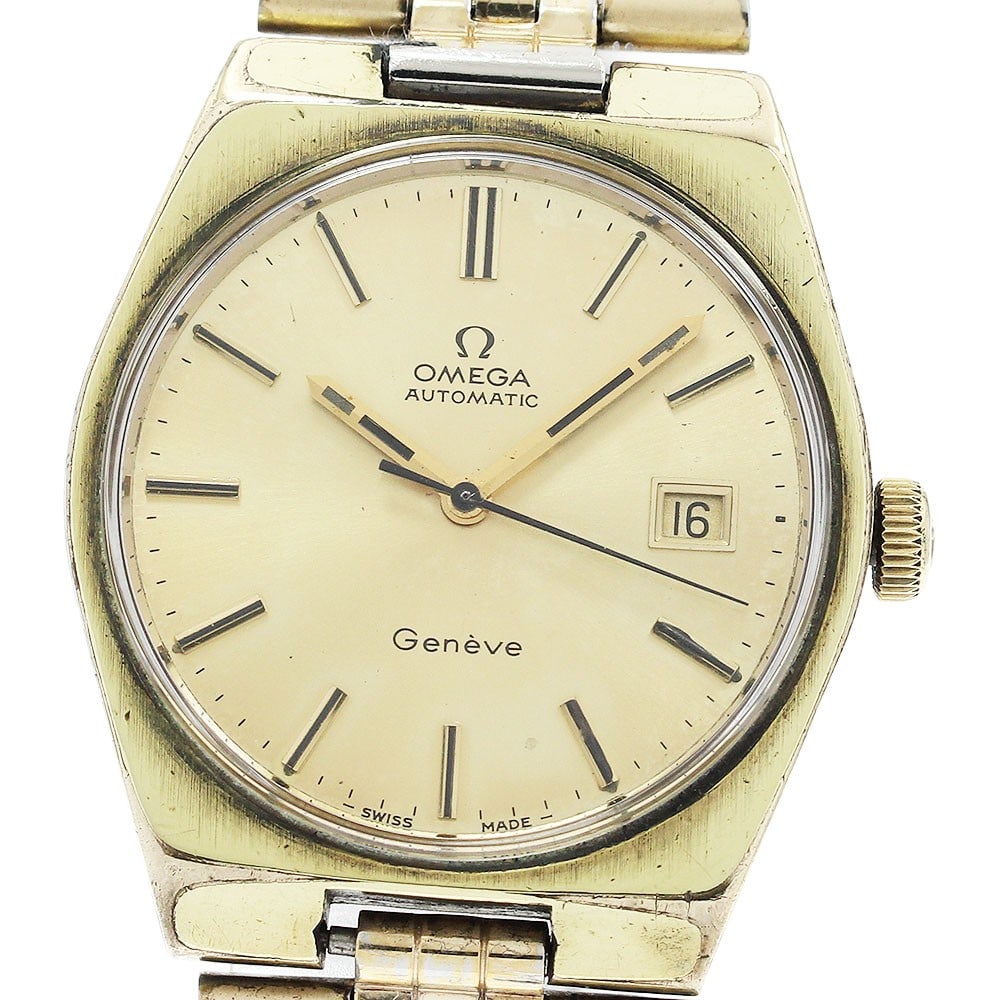 Omega Geneva 166.099 Automatic Date Men's Wristwatch: Omega Geneva 166.099 Automatic Date Men's Wristwatch This pre-owned OMEGA Geneva Date men's wristwatch, reference 166.099, features a stainless steel and gold-plated case and bracelet with a gold dial
