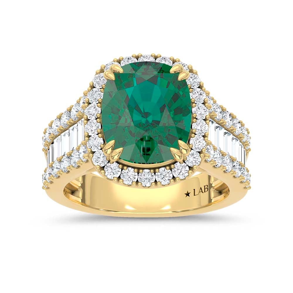 14K Yellow Gold Lab Grown Diamond 5 7/8 Ct.Tw. Cushion Shape Recrystalized Emerald Engagement Ring: 14K Yellow Gold Lab Grown Diamond 5 7/8 Ct.Tw. Cushion Shape Recrystalized Emerald Engagement Ring (Center 4 1/3 ct) For the one who deserves perfection: a 14K yellow gold ring with a 4 1/3 ct lab-gro