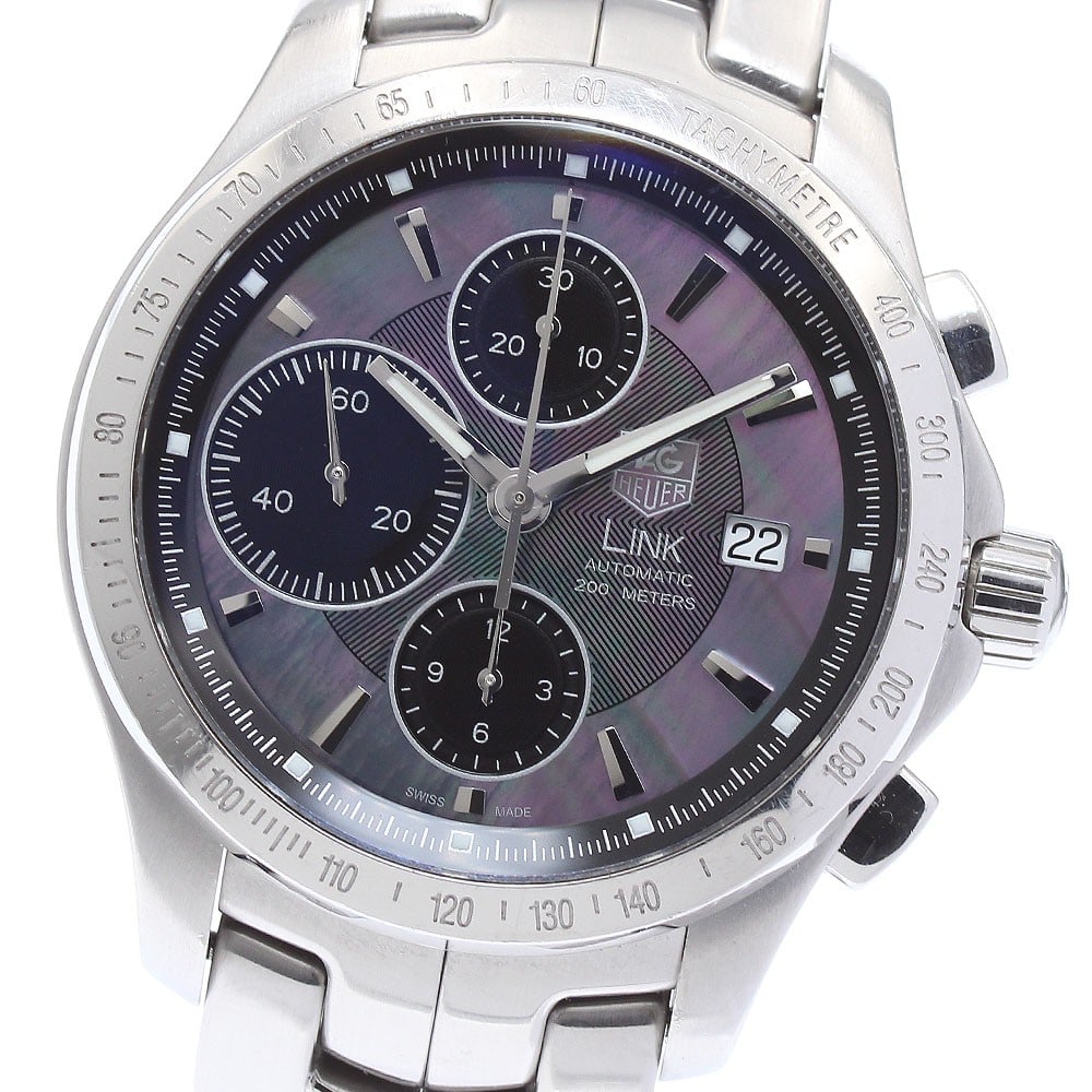 TAG Heuer Link CJF211M mens chronograph wristwatch with moon pearl date: TAG Heuer Link CJF211M mens chronograph wristwatch with moon pearl date TAG Heuer Link Moon Pearl Date Chronograph men's wristwatch in pre-owned condition. Swiss-made and designed for men, this watch 