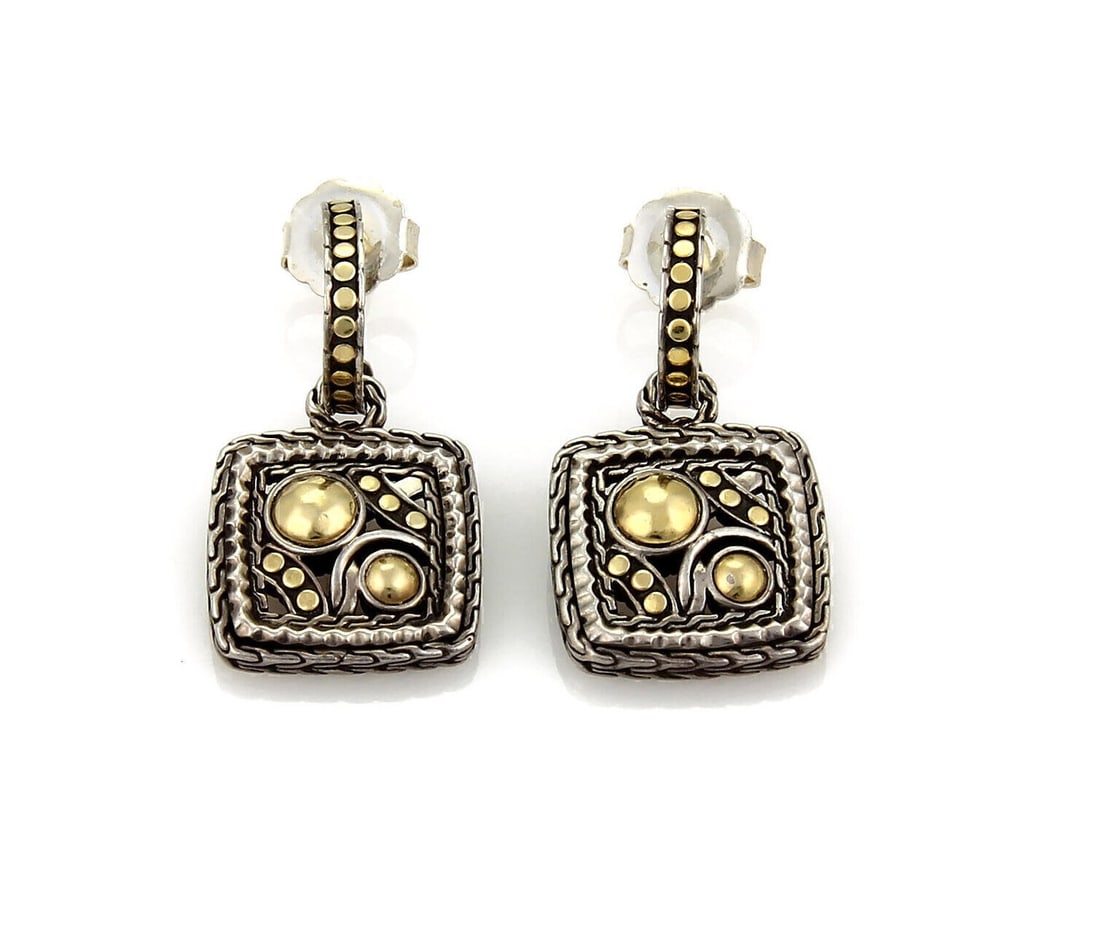 John Hardy Palu Sterling Silver 22k Gold Square Hoop Drop Earrings: John Hardy Palu Sterling Silver 22k Gold Square Hoop Drop Earrings Pre-owned John Hardy Palu square hoop dangle earrings in fine jewelry style, crafted in sterling silver with 22k gold accents. The ea