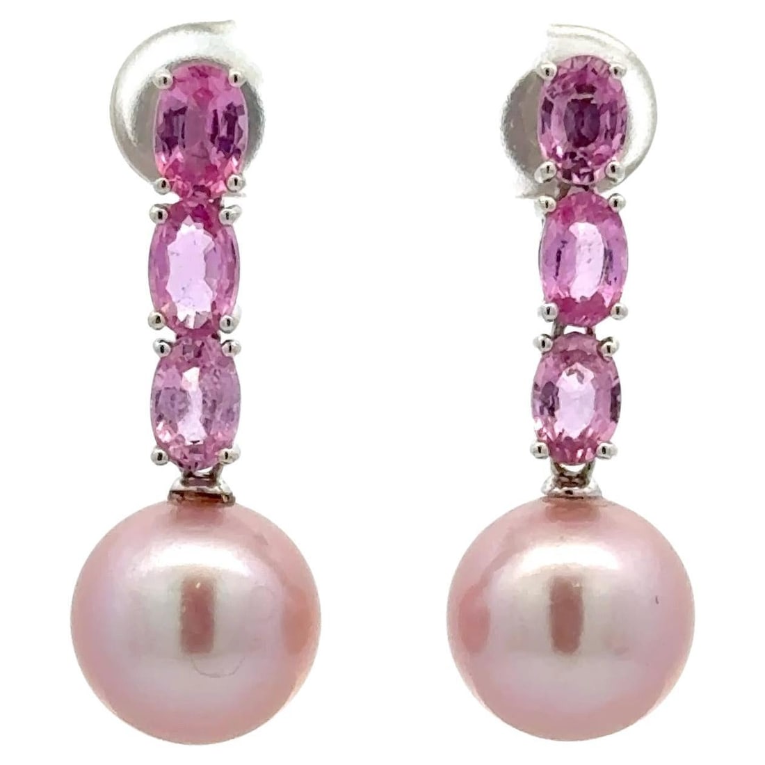 Harbor Diamonds 18KT White Gold Ombree Pink Sapphire Pearl Earrings 3.50 Carats