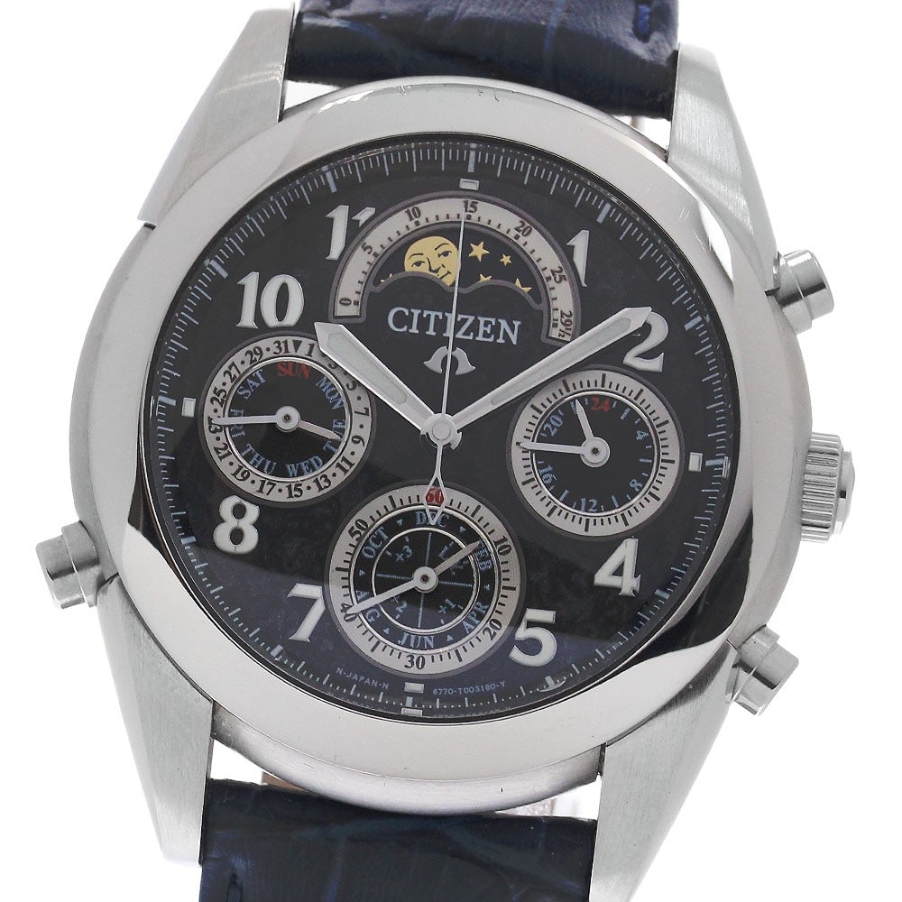Citizen Campanola Kurotochi quartz chronograph moon phase men's wristwatch: Citizen Campanola Kurotochi quartz chronograph moon phase men's wristwatch This CITIZEN Campanola Black Oak Grand Complication wristwatch features a stainless steel case and a black dial, complemented