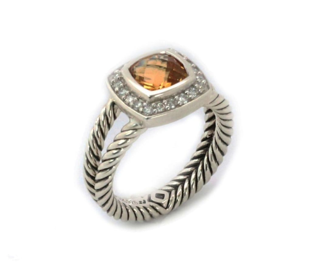 Sterling Silver Ring David Yurman Petite Albion Citrine Diamond Size 6: Sterling Silver Ring David Yurman Petite Albion Citrine Diamond Size 6 This David Yurman Petite Albion ring is crafted in sterling silver with a square-cut citrine center stone and diamonds totaling a