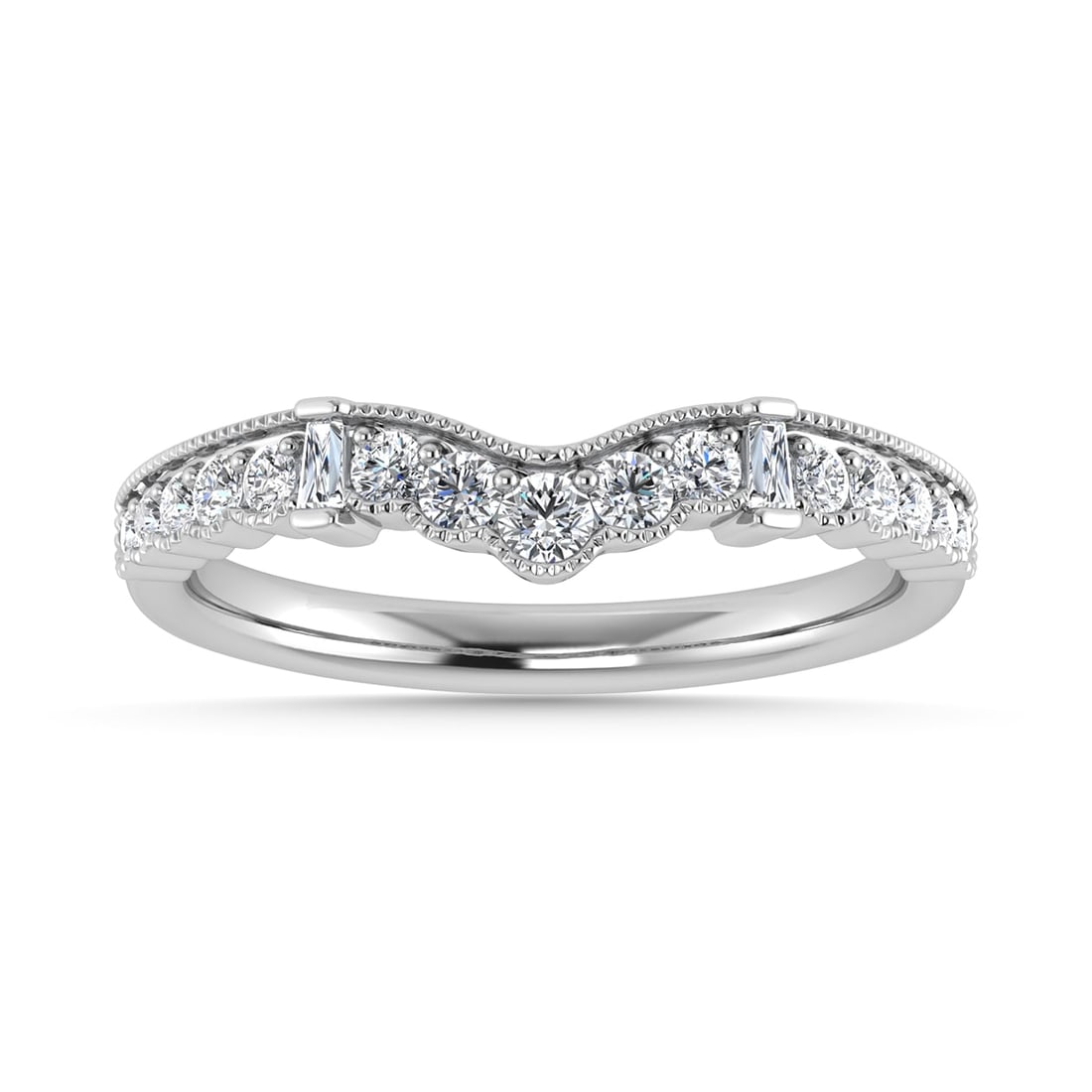 Diamond 1/3 Ct.Tw. Chevron Band in 14K White Gold: Diamond 1/3 Ct.Tw. Chevron Band in 14K White Gold 14k White Gold Stone Color: G-h Stone Clarity: Si2 Each ring is presented in standard size 6.5. Complimentary resizing is available between sizes 510 