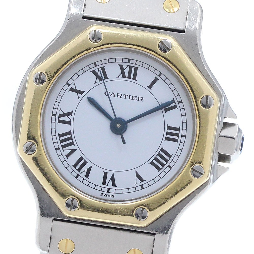 Cartier Ladies Santos Octagon Automatic Stainless Steel Yellow Gold Watch: Cartier Ladies Santos Octagon Automatic Stainless Steel Yellow Gold Watch This vintage Cartier Santos Octagon SM automatic wristwatch features a white dial and a combination of stainless steel and yel