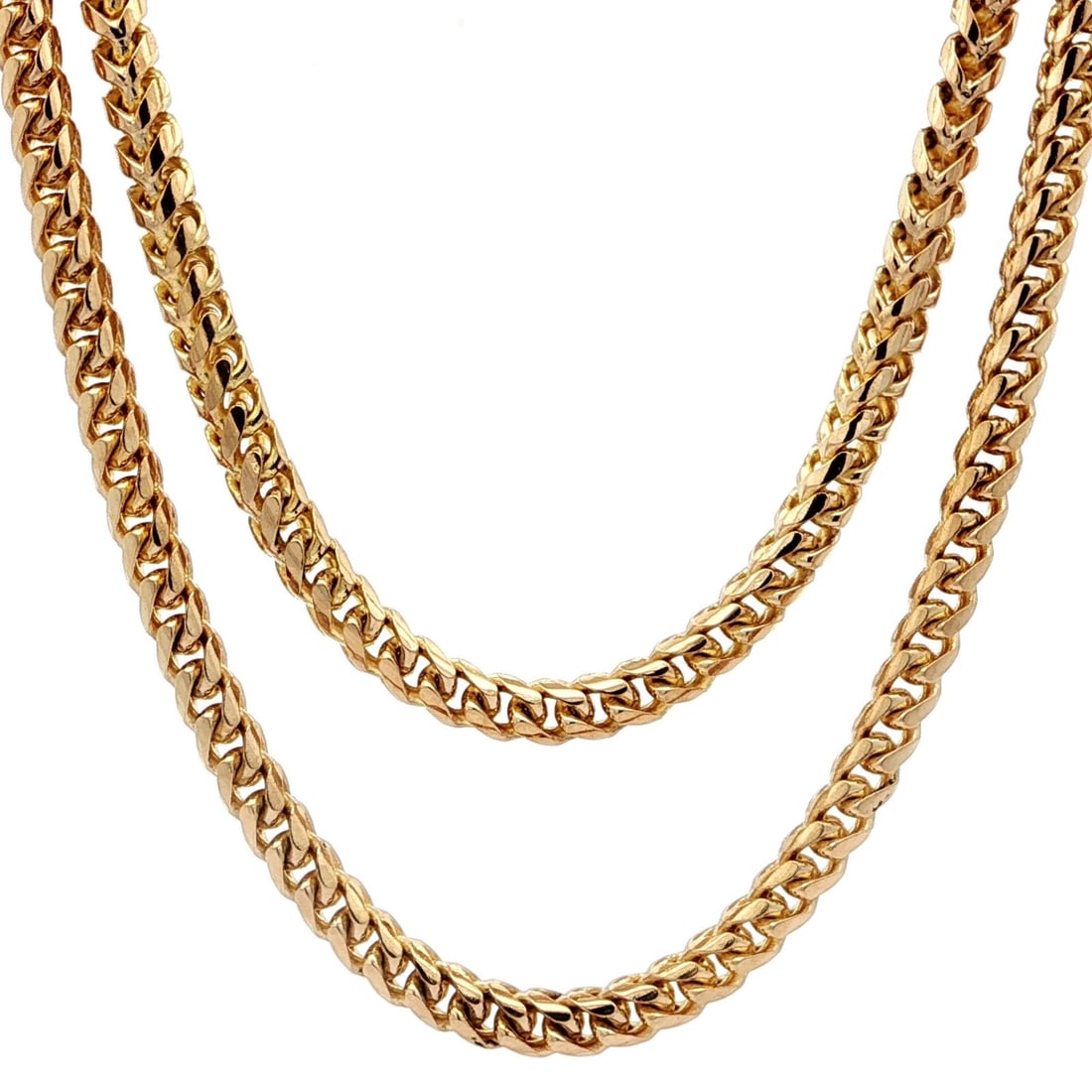 24 Inch 14k Yellow Gold Franco Chain Necklace With Lobster Clasp: 24 Inch 14k Yellow Gold Franco Chain Necklace With Lobster Clasp This heavy Franco link chain necklace is crafted from solid 14k yellow gold and features a 24-inch length. The necklace is designed for
