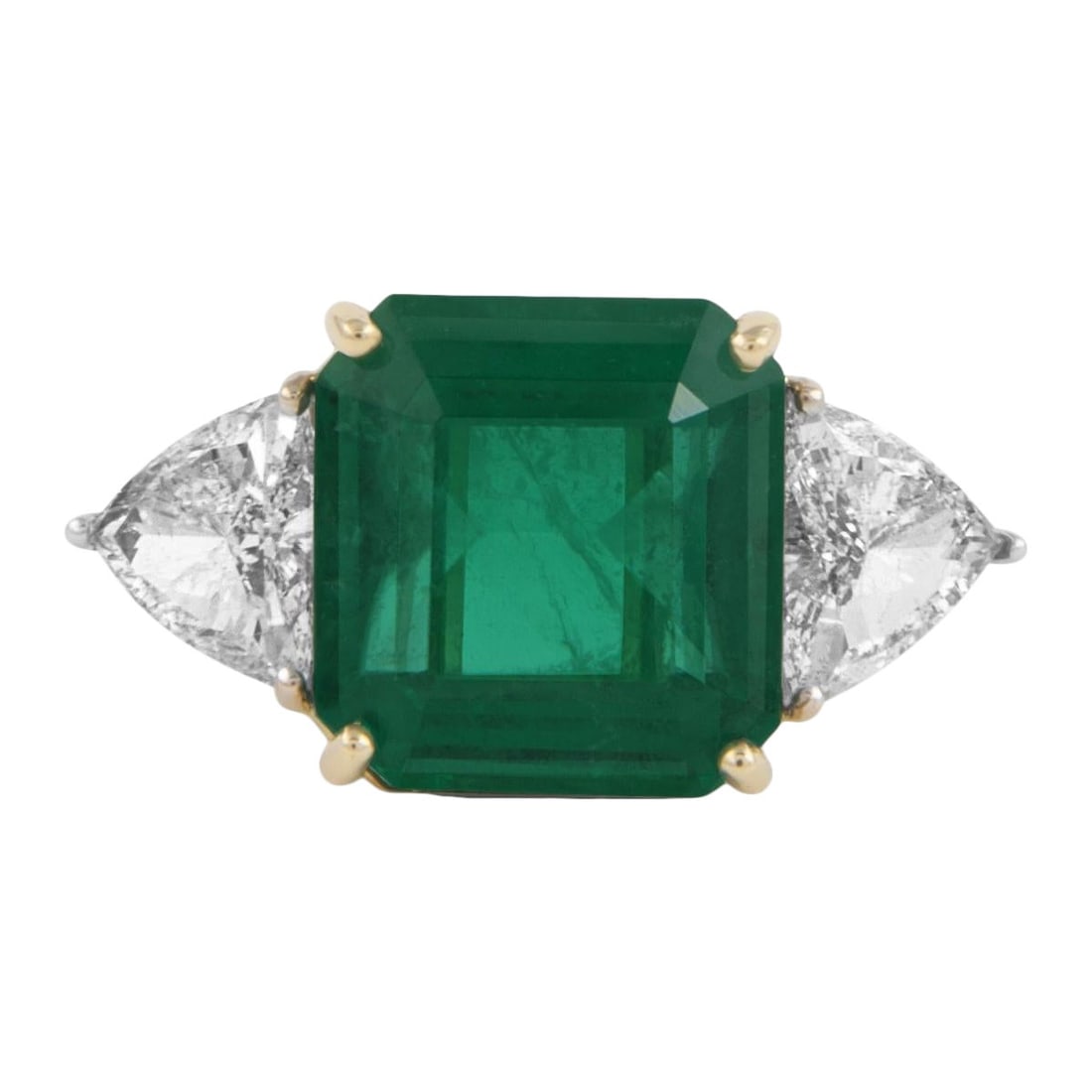 GIA 7.58ct Emerald Diamond 3-Stone Ring 18k White Gold: GIA 7.58ct Emerald Diamond 3-Stone Ring 18k White Gold This exquisite 3-stone ring showcases a stunning 7.58 ct square emerald cut emerald, certified by GIA for its vivid green color. The ring feature