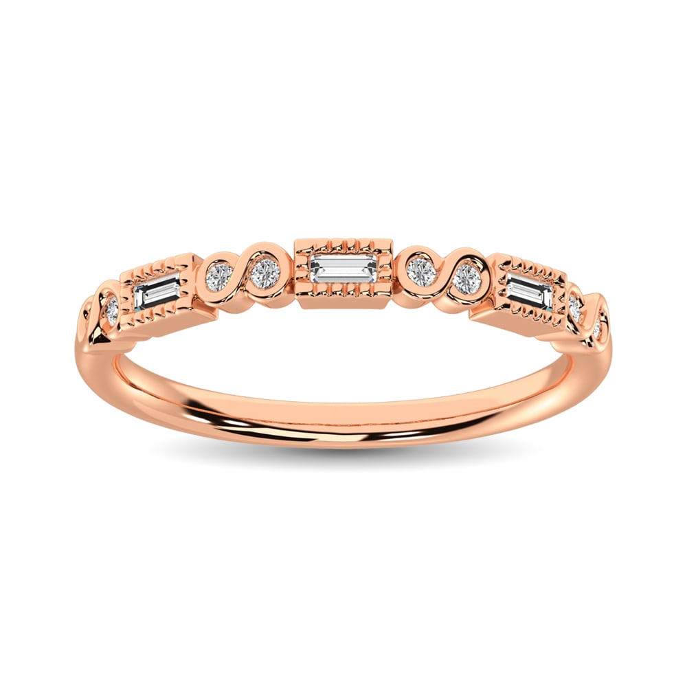 Diamond 1/10 Ct.Tw. Stack Band in 14K Rose Gold: Diamond 1/10 Ct.Tw. Stack Band in 14K Rose Gold 14k Rose Gold Stone Color: G-h Stone Clarity: I1 Each ring is presented in standard size 6.5. Complimentary resizing is available between sizes 510 (in 