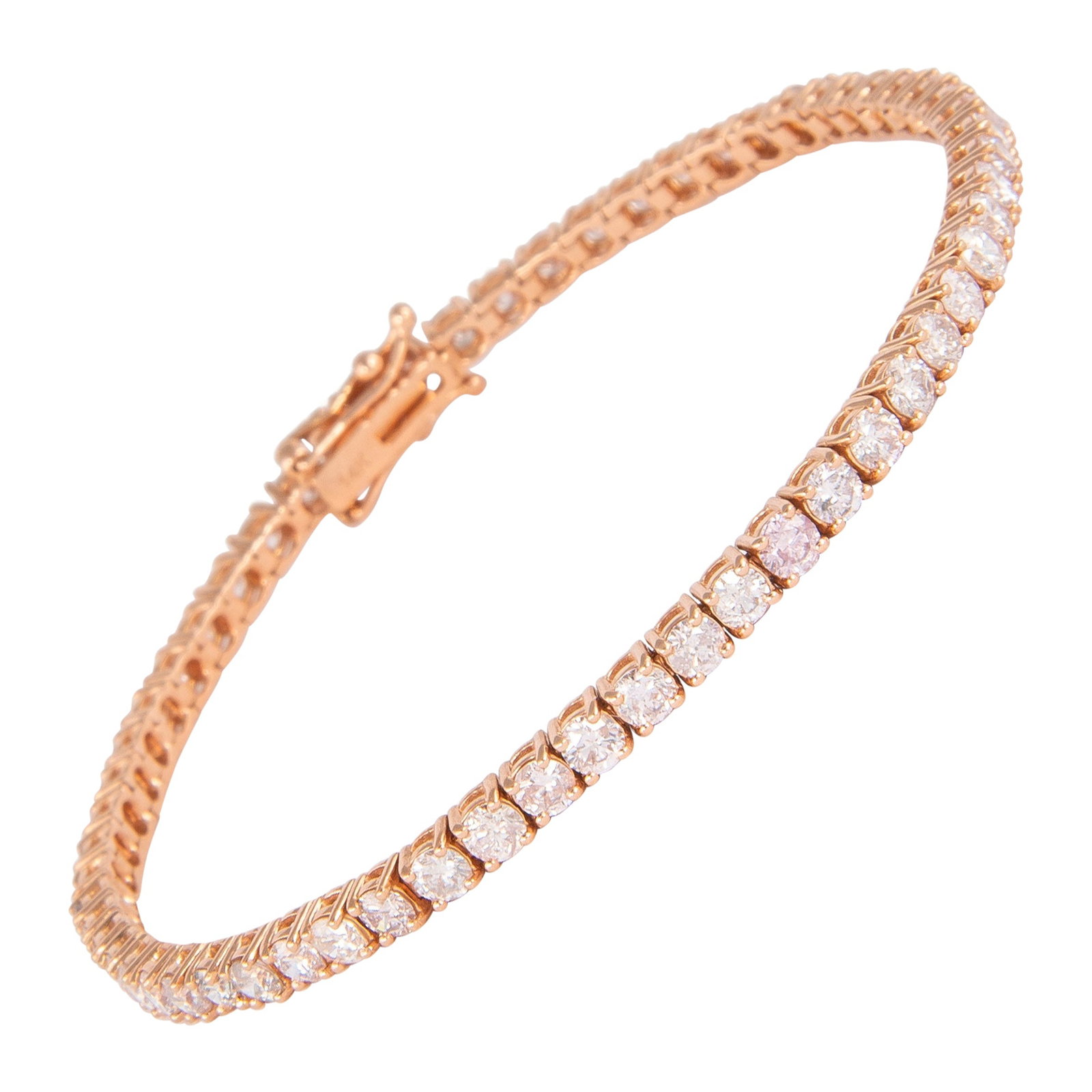 5.10ct Diamond Tennis Bracelet 14k Rose Gold Modern Design: 5.10ct Diamond Tennis Bracelet 14k Rose Gold Modern Design This exquisite tennis bracelet features a total of 5.10 carats of stunning diamonds set in luxurious 14k rose gold. The bracelet comprises 59