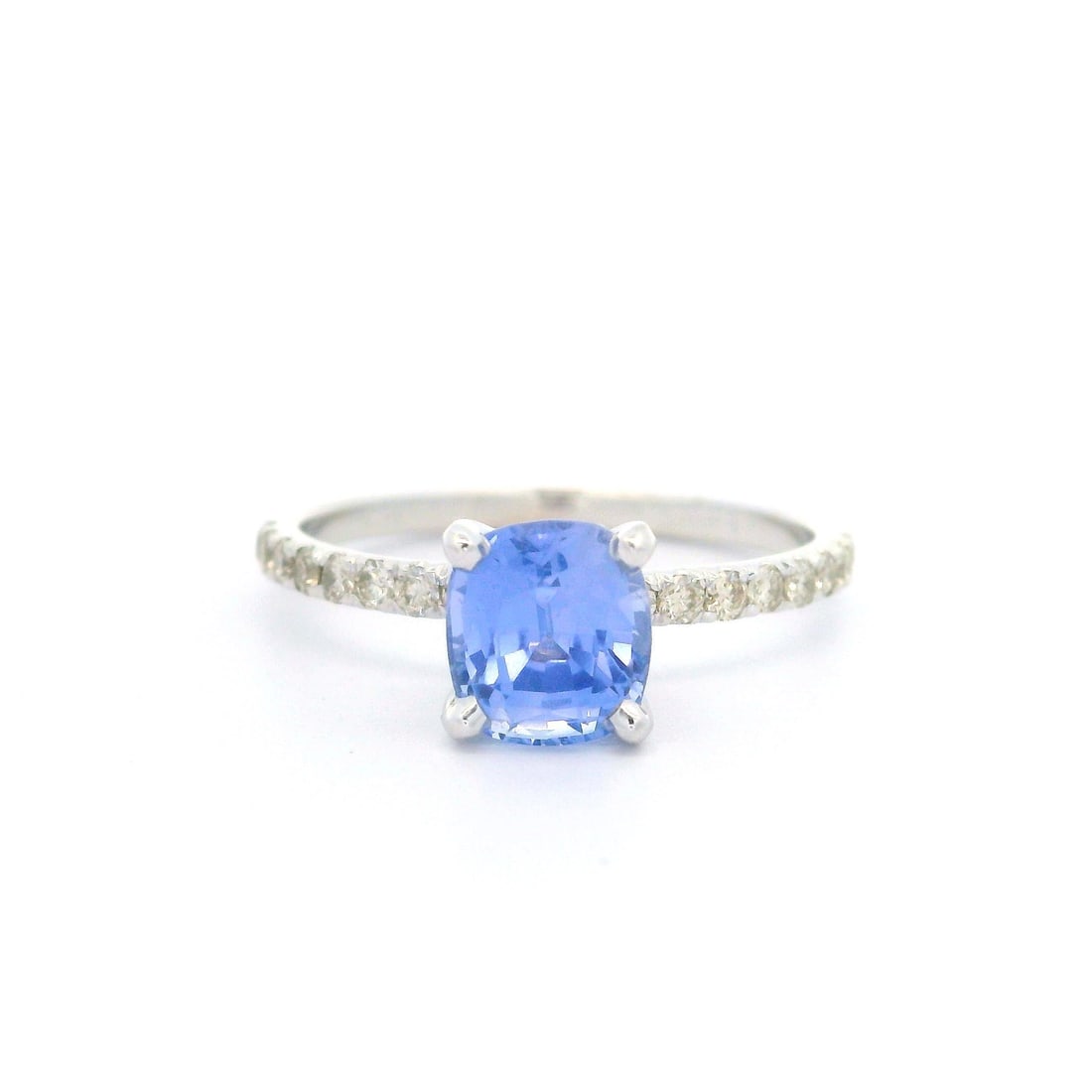 14k White Gold GIA Certified 1.67ctw No Heat Cushion Blue Sapphire Diamond Ring: 14k White Gold GIA Certified 1.67ctw No Heat Cushion Blue Sapphire Diamond Ring This exquisite ring features a stunning cushion-cut periwinkle blue sapphire, weighing 1.43 carats, expertly prong set i