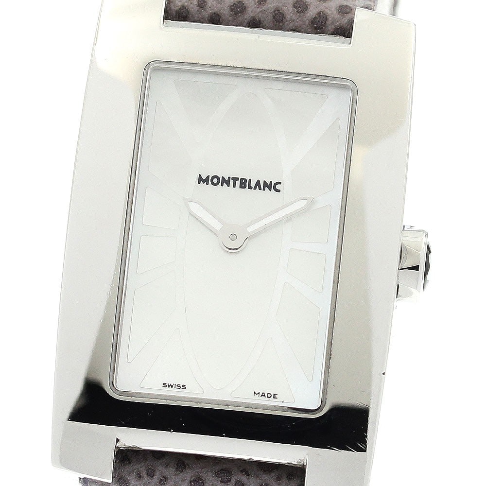 Montblanc 7183 quartz ladies wristwatch leather strap: Montblanc 7183 quartz ladies wristwatch leather strap This Montblanc 7183 women's wristwatch features a stainless steel case paired with a white shell dial and leather bracelet. The watch operates on 