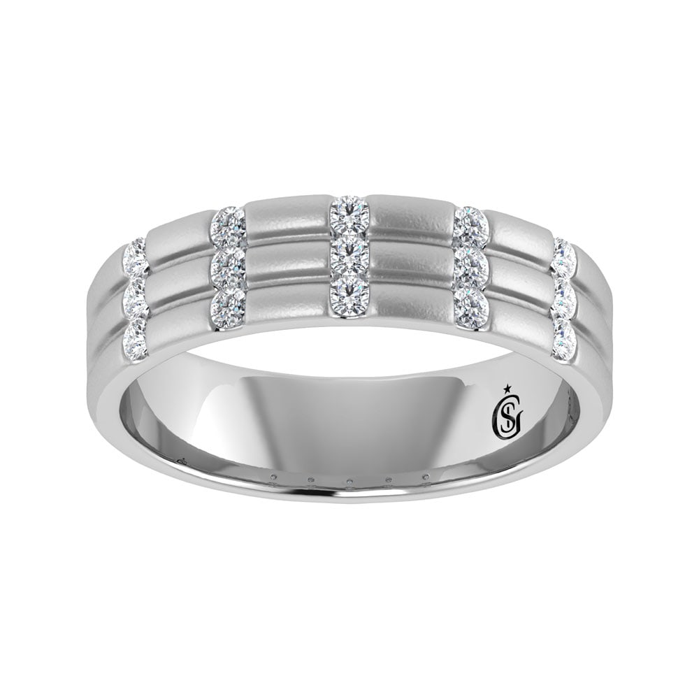 14K White Gold Diamond 1/3.Ct. Tw. Mens Machine Band: 14K White Gold Diamond 1/3.Ct. Tw. Mens Machine Band 14k White Gold Stone Color: G-h Stone Clarity: Si2 Each ring is presented in standard size 6.5. Complimentary resizing is available between sizes 5