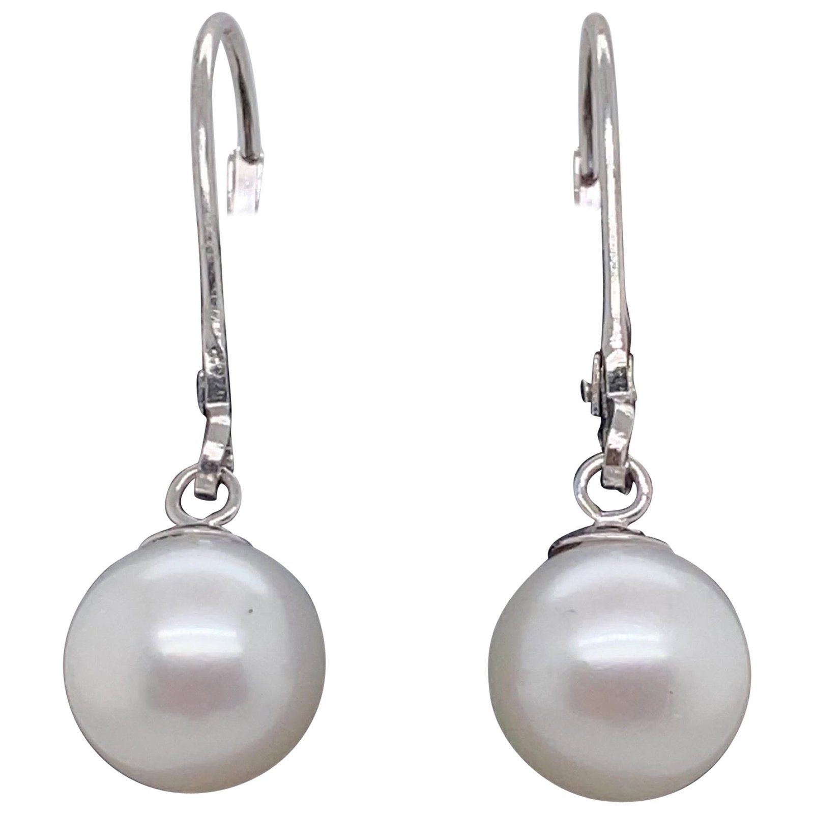 Harbor Diamonds White Freshwater Pearl Drop Earrings 14K White Gold