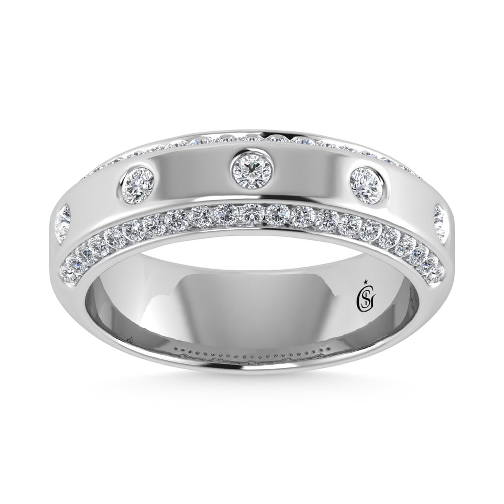 14K White Gold Diamond 3/4 Ct.Tw. Channel and Bezel Set Mens Machine Band: 14K White Gold Diamond 3/4 Ct.Tw. Channel and Bezel Set Mens Machine Band 14k White Gold Stone Color: G-h Stone Clarity: Si2 Each ring is presented in standard size 6.5. Complimentary resizing is avai