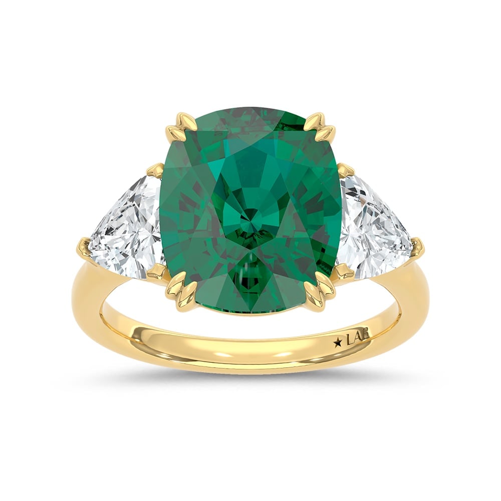 14K Yellow Gold Lab Grown Diamond 7 1/2 Ct.Tw. Oval Shape Recrystalized Emerald Engagement Ring