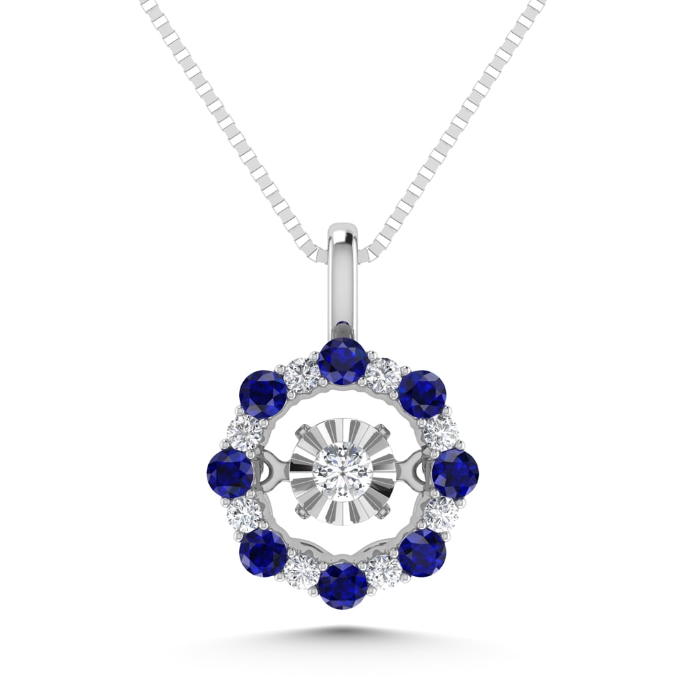 Diamond 7/8 Ct.Tw. And Blue Sapphire Fashion Pendant in 14K White Gold: Diamond 7/8 Ct.Tw. And Blue Sapphire Fashion Pendant in 14K White Gold 14k White Gold Stone Color: G-h Stone Clarity: Aaa / Si3 Unless otherwise specified, pendants that include a chain are paired wit