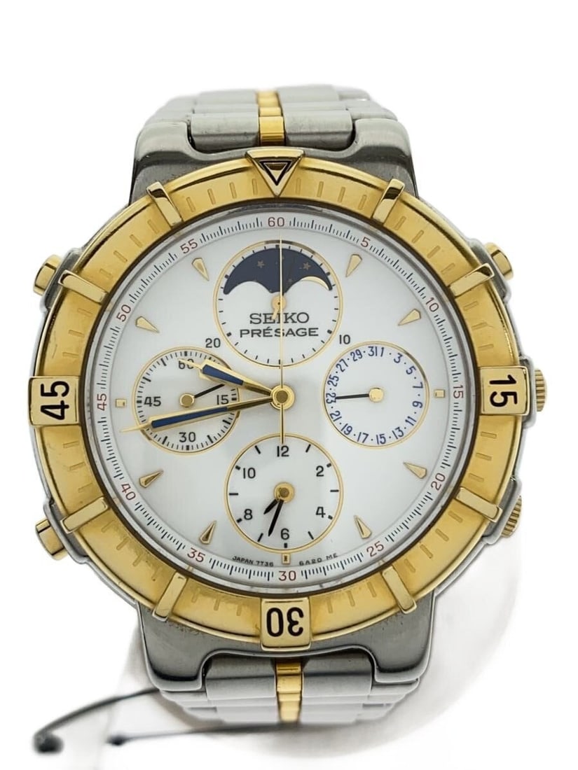 Seiko Presage quartz moon phase chronograph men's wristwatch 7T36-6A50: Seiko Presage quartz moon phase chronograph men's wristwatch 7T36-6A50 This Seiko Presage Moon Phase Triple Calendar quartz wristwatch for men features a classic design with a white dial. It includes 