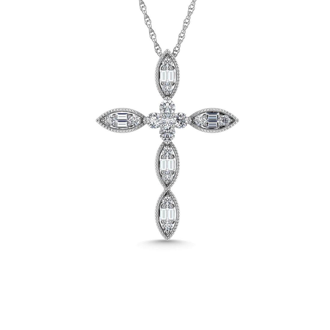 Diamond 3/8 Ct.Tw. Cross Pendant in 14K White Gold: Diamond 3/8 Ct.Tw. Cross Pendant in 14K White Gold 14k White Gold Stone Color: G-h Stone Clarity: Si2 / I1 Unless otherwise specified, pendants that include a chain are paired with our standard 18-inc