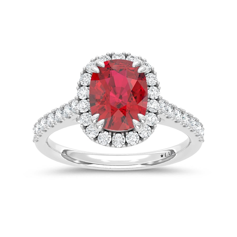 14K White Gold Lab Grown Diamond 3 5/8 Ct.Tw. Cushion Shape Recrystalized Ruby Engagement Ring: 14K White Gold Lab Grown Diamond 3 5/8 Ct.Tw. Cushion Shape Recrystalized Ruby Engagement Ring (Center 3 ct) Radiate elegance with this 14K white gold engagement ring. Its centerpiece is a stunning 3 