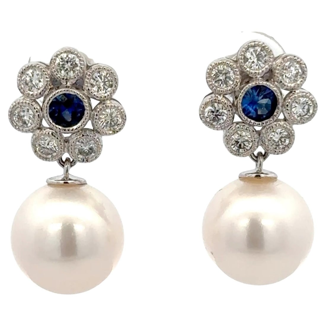 Harbor Diamonds 14KT White Gold Pearl Sapphire Drop Earrings 1.10 CTTW