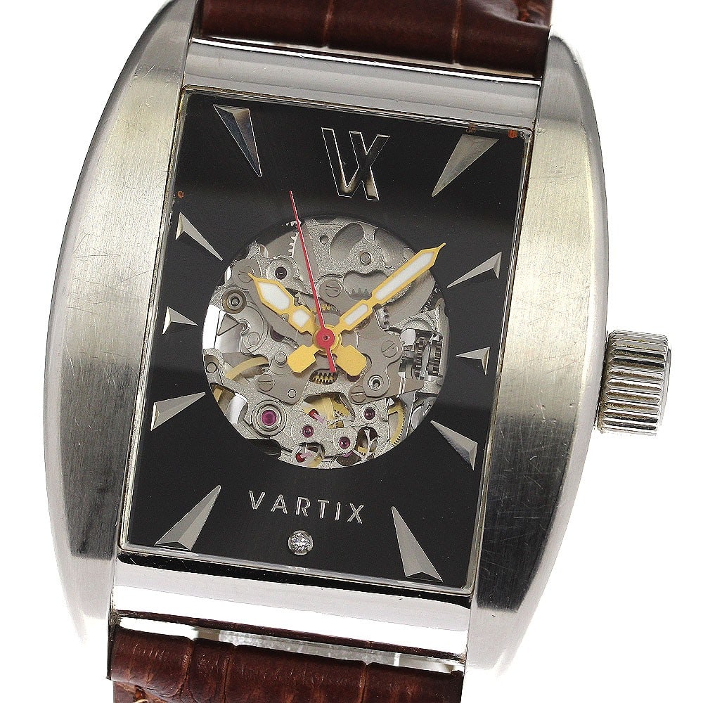 VARTIX Automatic Men's Wristwatch K5VN Diamond Dial Black: VARTIX Automatic Men's Wristwatch K5VN Diamond Dial Black This VARTIX K5VN men's wristwatch features a stainless steel case and a black dial, complemented by a non-OEM, unused leather bracelet. The wa