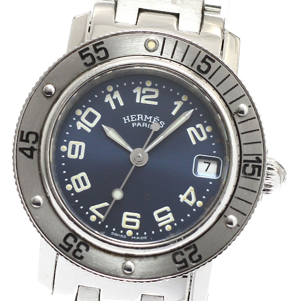 Hermes Clipper CL5.210 Blue Dial Quartz Date Watch: Hermes Clipper CL5.210 Blue Dial Quartz Date Watch This Hermes Clipper Date Quartz women's wristwatch features a stainless steel case and band with a blue dial. The watch is powered by a quartz moveme