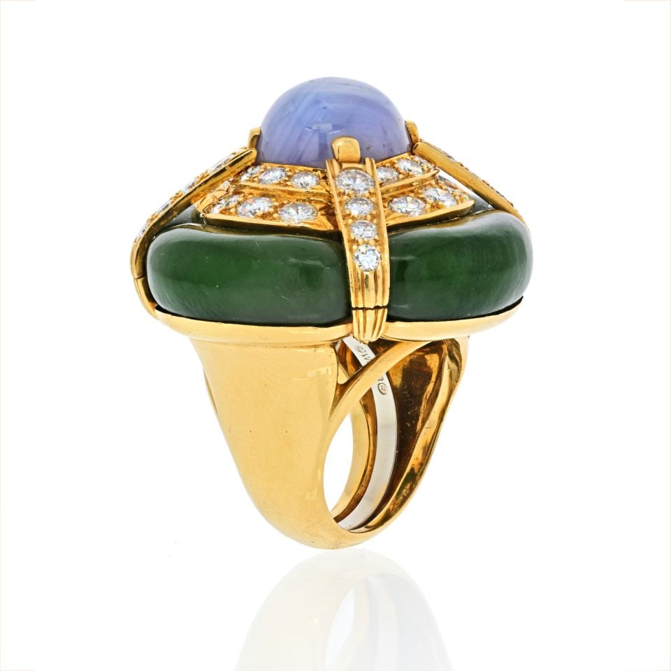 David Webb 18K Yellow Gold Star Sapphire Nephrite Jade Ring with Diamonds (1 of 2)