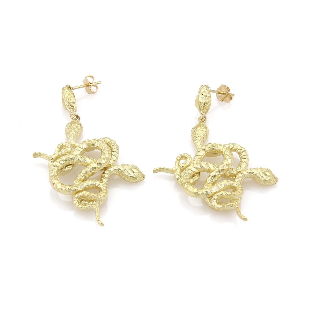 18k Yellow Gold Hallmarked Double Snake Dangle Earrings: 18k Yellow Gold Hallmarked Double Snake Dangle Earrings Elevate your jewelry collection with these stunning 18k Yellow Gold Double Coiled Snakes Textured Drop Dangle Earrings. Expertly crafted from hi