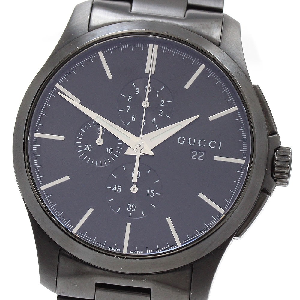 Gucci G Timeless quartz chronograph men's stainless steel watch: Gucci G Timeless quartz chronograph men's stainless steel watch This pre-owned Gucci G-Timeless Chronograph Quartz Men's Watch (Ref. 126.2/YA126274) features a stainless steel case and band with a bla