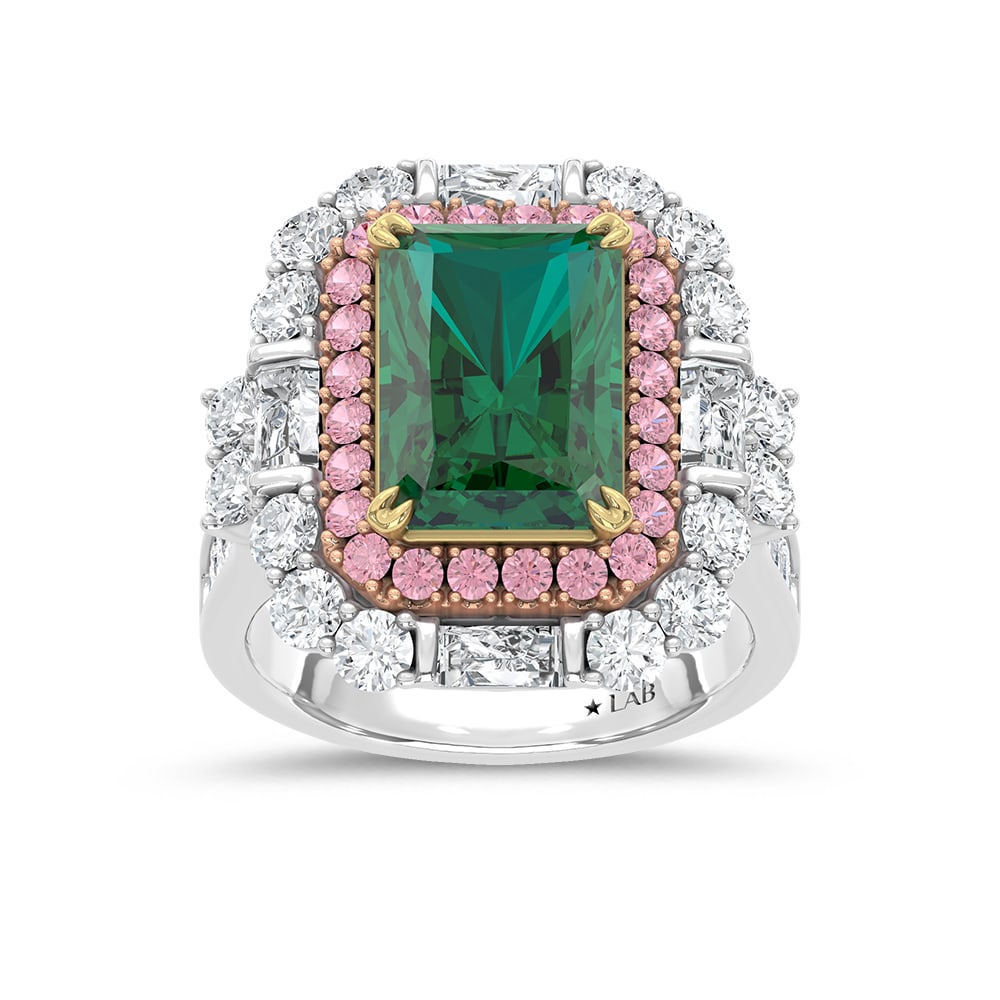 14K Three Tone Lab Grown Diamond 7 1/2 Ct.Tw. Green Emerlad Engagement Ring (Center 5 ct): 14K Three Tone Lab Grown Diamond 7 1/2 Ct.Tw. Green Emerlad Engagement Ring (Center 5 ct) Exude unmatched elegance with this 14K Three-Tone Gold Engagement Ring, featuring a captivating 5-carat lab-gr