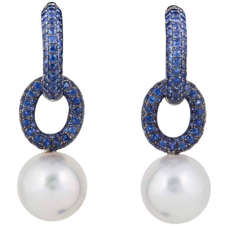 Harbor Diamonds 18K White Gold South Sea Pearl Sapphire Hoop Earrings 2.80 Carats