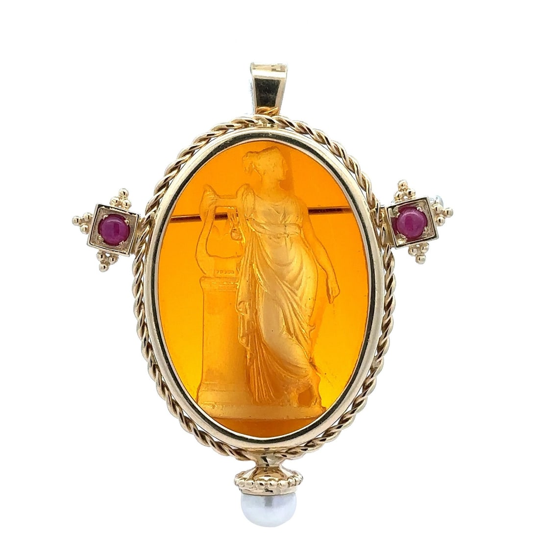14k Yellow Gold Twisted Wire Brooch with Intaglio Glass Ruby and Pearl: 14k Yellow Gold Twisted Wire Brooch with Intaglio Glass Ruby and Pearl This stunning brooch pendant is crafted from solid 14k yellow gold, featuring a captivating design that combines elegance and art