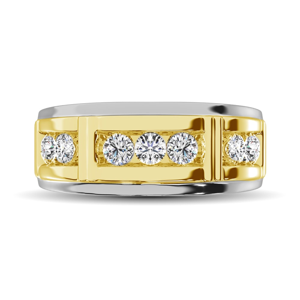 Diamond 1 Ct.Tw. Mens Wedding Band in 10K White Gold with Yellow Gold Accent: Diamond 1 Ct.Tw. Mens Wedding Band in 10K White Gold with Yellow Gold Accent 10k Two Tone Stone Clarity: I1 Each ring is presented in standard size 6.5. Complimentary resizing is available between siz