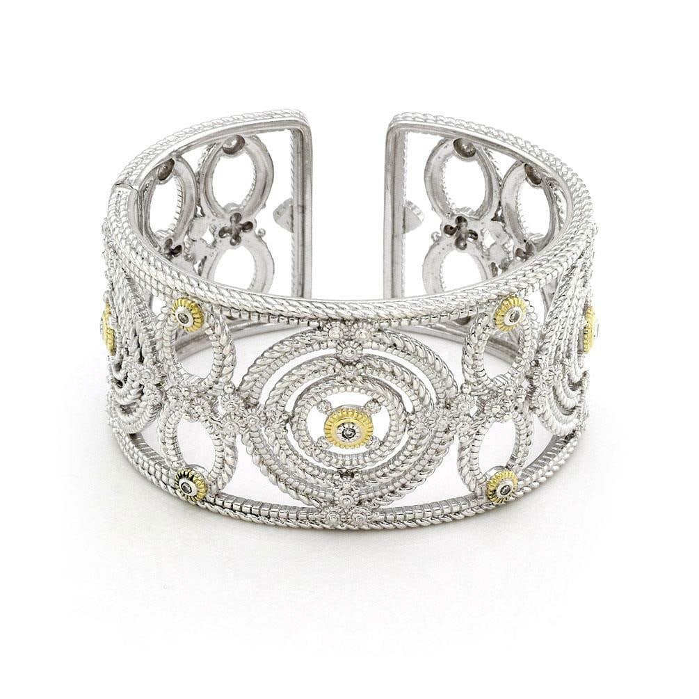 Judith Ripka Etruscan Cuff Bracelet 18k Gold Diamond Accent 925 Silver: Judith Ripka Etruscan Cuff Bracelet 18k Gold Diamond Accent 925 Silver Elevate your style with this stunning Judith Ripka cuff bracelet, a blend of elegance and modern design. Crafted from durable ste