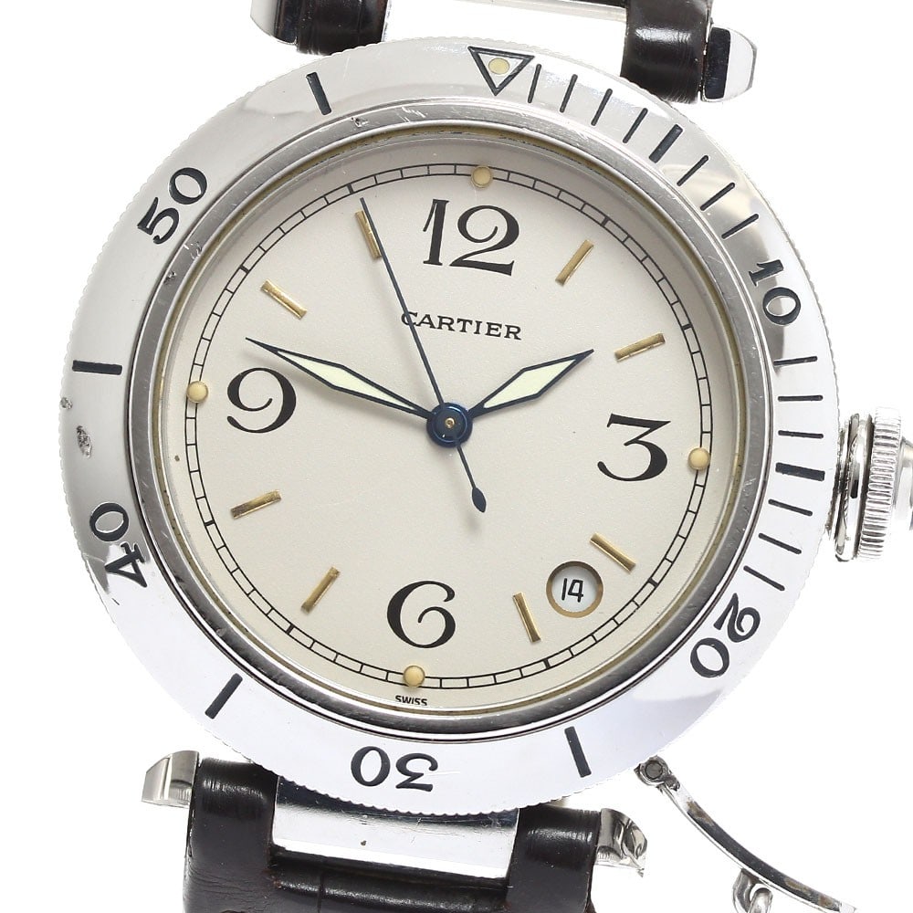 Cartier Pasha 38mm Automatic Men's Beige Dial Leather Watch: Cartier Pasha 38mm Automatic Men's Beige Dial Leather Watch This is a pre-owned Cartier Pasha 38mm W3100655 automatic men's wristwatch featuring a beige dial and a leather strap. Made in Switzerland, 