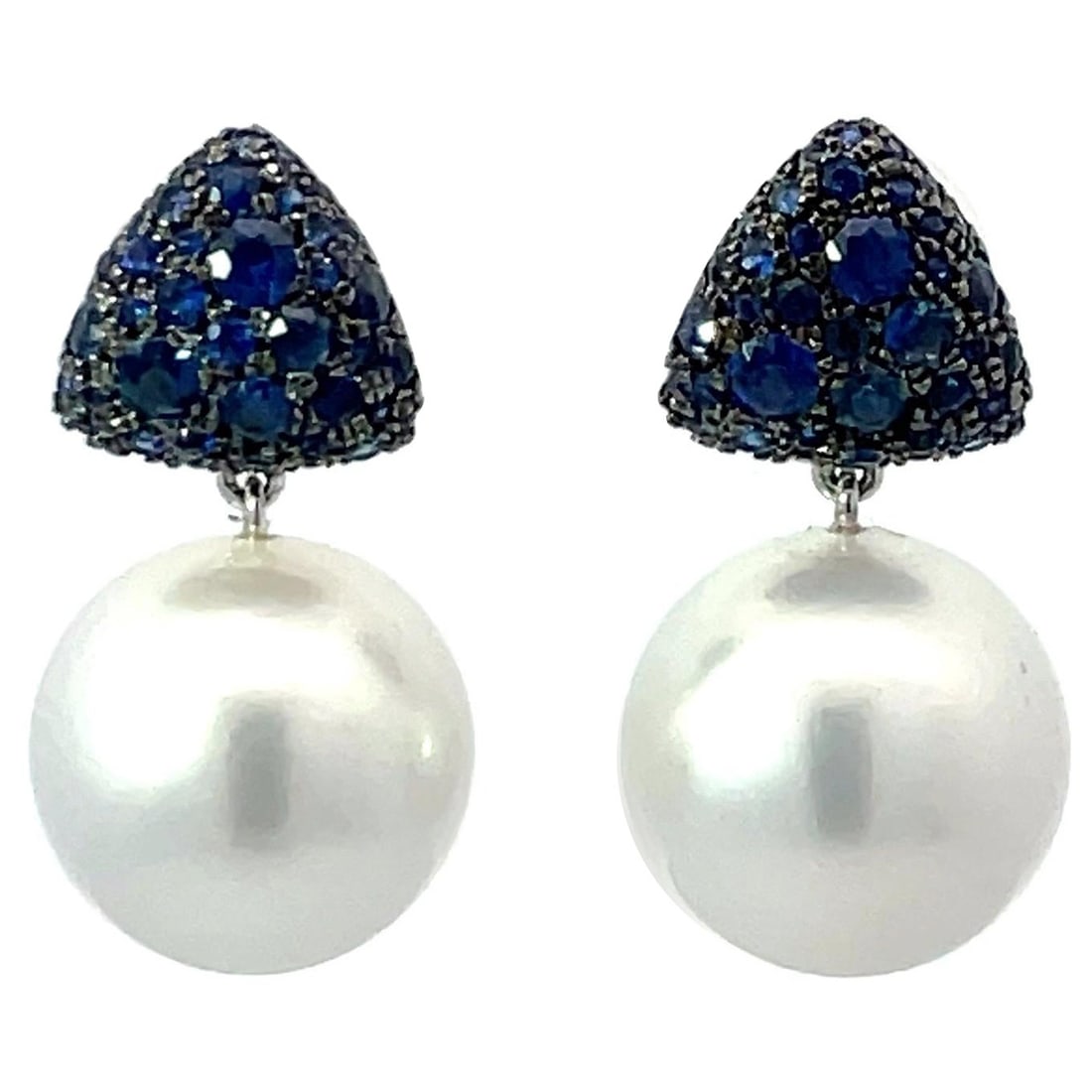 Harbor Diamonds 18K Gold Blue Sapphire South Sea Pearl Earrings 1.33 Carats