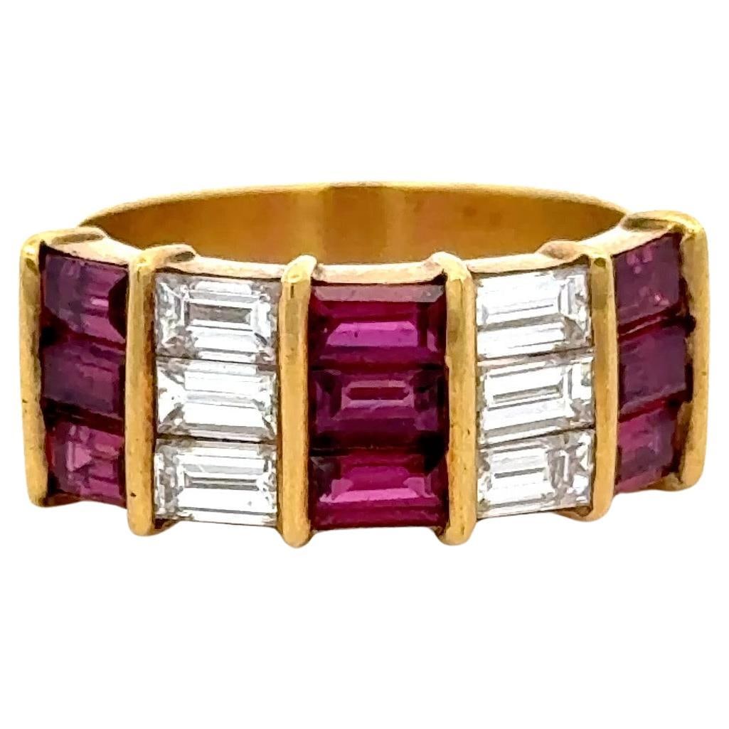 Vintage 18K Yellow Gold Ruby Diamond Band 2.85 CTTW Resizable: Vintage 18K Yellow Gold Ruby Diamond Band 2.85 CTTW Resizable This stunning vintage band showcases a luxurious design crafted in 18 karat yellow gold. The ring features a contemporary style with a tot