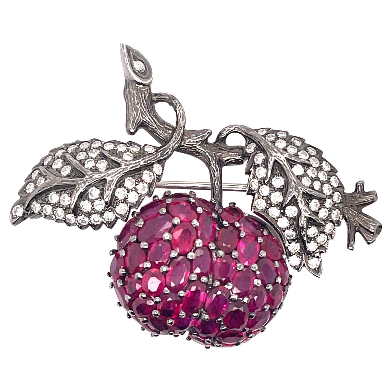 Contemporary Ruby Diamond Silver Apple Brooch GIA Appraisal 2.25ct: Contemporary Ruby Diamond Silver Apple Brooch GIA Appraisal 2.25ct This exquisite Ruby and Diamond Silver Apple Brooch features a stunning design that combines elegance and contemporary style. Crafted