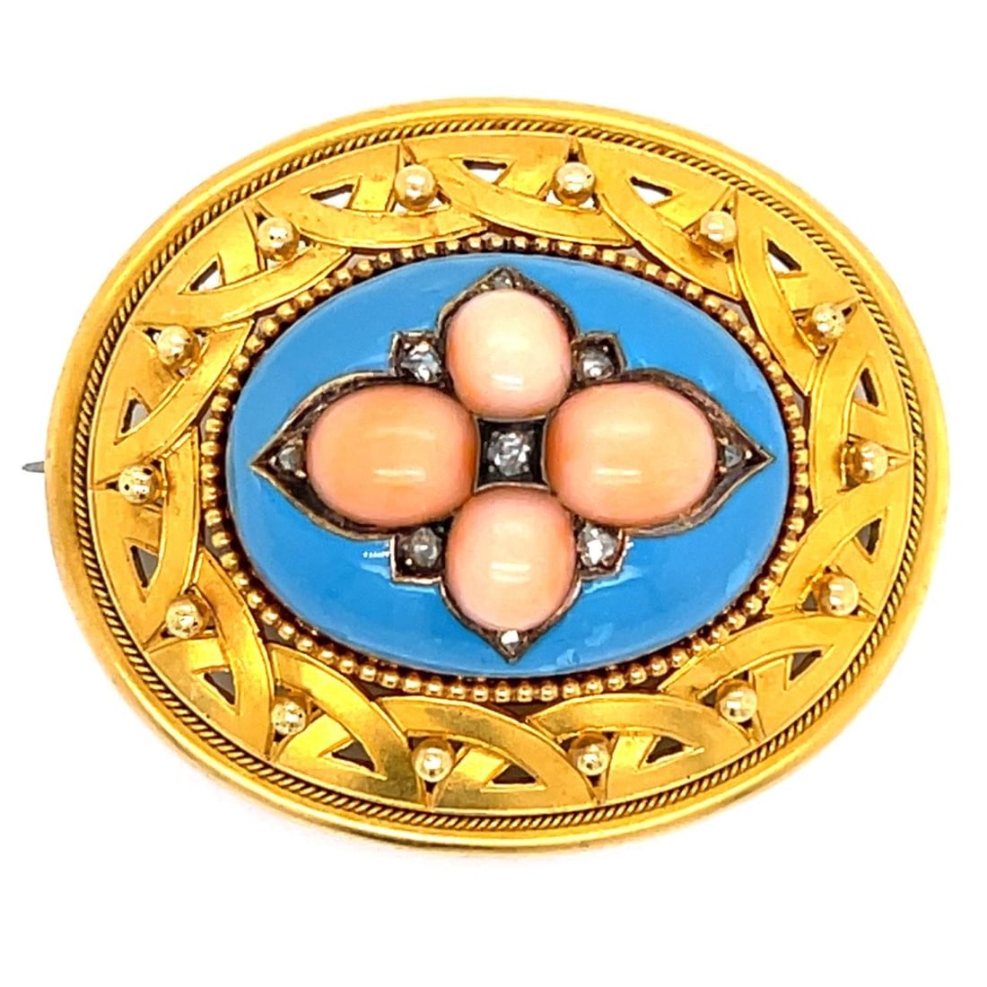 Antique 18K Yellow Gold Brooch with Diamonds and Coral Victorian Era: Antique 18K Yellow Gold Brooch with Diamonds and Coral Victorian Era Victorian brooch crafted in 18K yellow gold, featuring seven rose-cut diamonds with a total approximate weight of 0.10 carat and fo