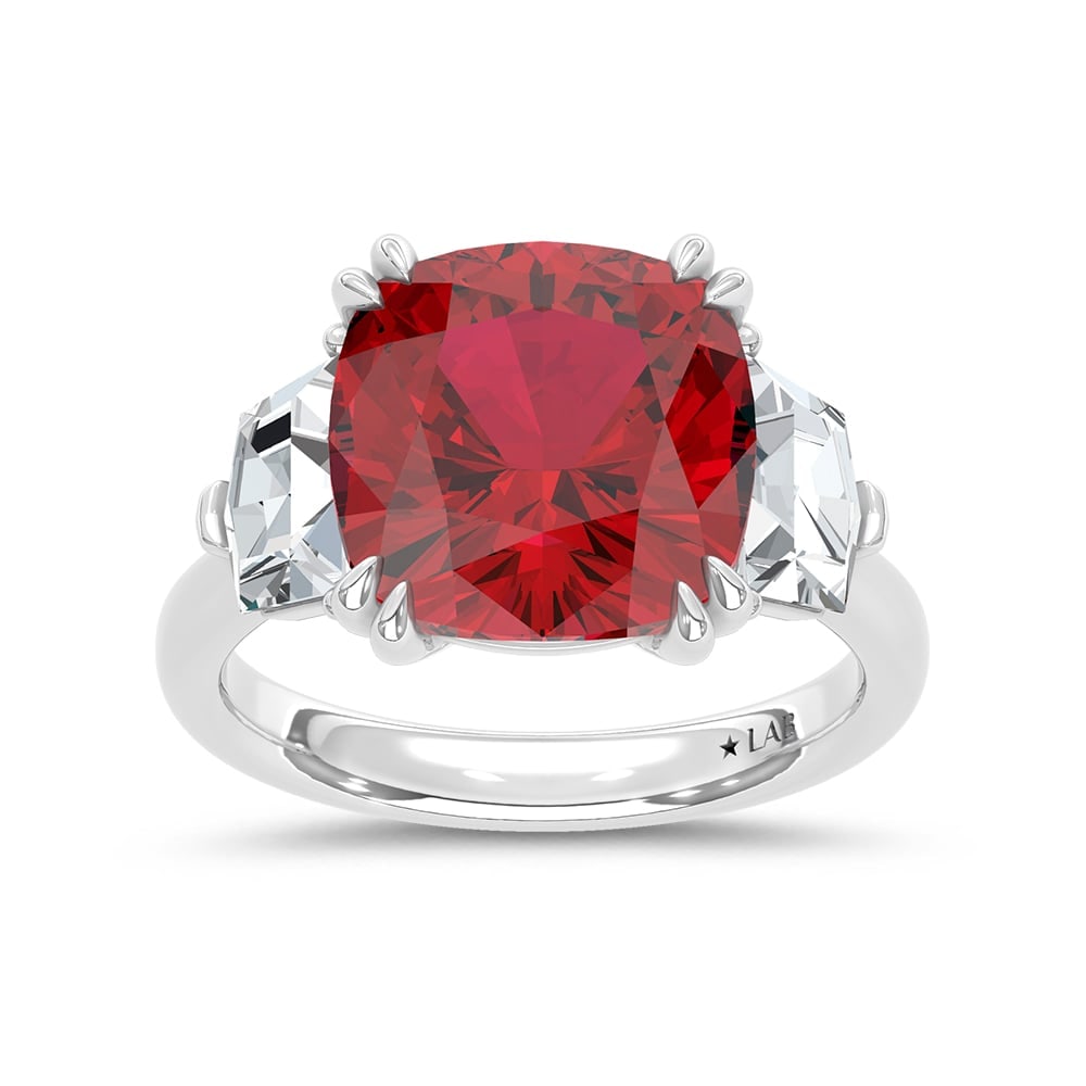 14K White Gold Lab Grown Diamond 9 1/4 Ct.Tw. Cushion Shape Recrystalized Ruby Engagement Ring: 14K White Gold Lab Grown Diamond 9 1/4 Ct.Tw. Cushion Shape Recrystalized Ruby Engagement Ring (Center 7 3/4 ct) Make a grand statement with this 14K white gold engagement ring, featuring a breathtaki