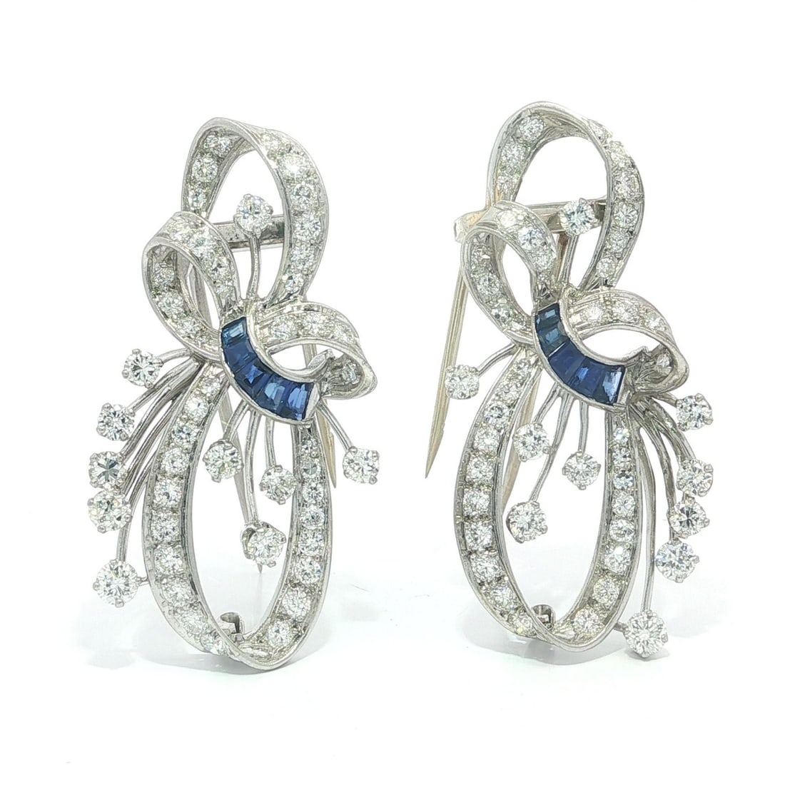 Pair of Platinum Sapphire and Diamond Ribbon Brooch Clips 5.1ctw