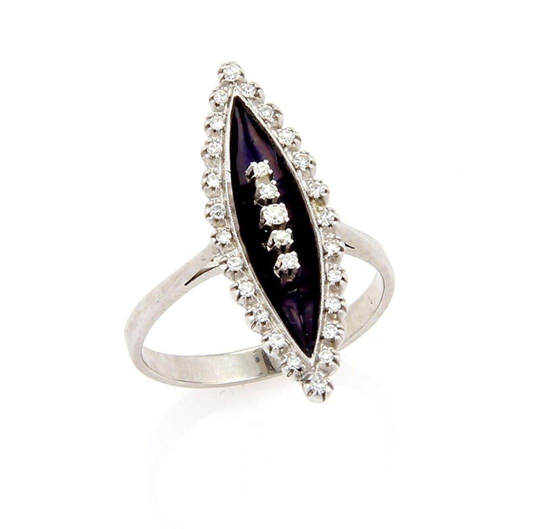 Unbranded Art Deco 18k White Gold Ring with Diamonds and Black Enamel Size 8: Unbranded Art Deco 18k White Gold Ring with Diamonds and Black Enamel Size 8 This vintage estate Art Deco ring is crafted in 18k white gold and features a black enamel design accented with single-cut 