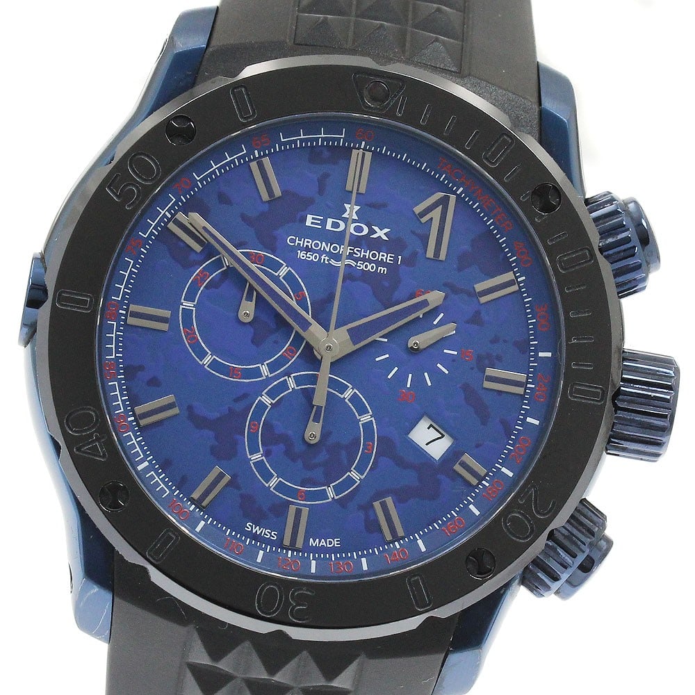 Edox Chrono Offshore 1 Quartz Chronograph Men's Blue Dial Watch: Edox Chrono Offshore 1 Quartz Chronograph Men's Blue Dial Watch This Edox Chrono Offshore 1 men's wristwatch features a blue dial and is powered by a quartz movement. The case is crafted from stainles
